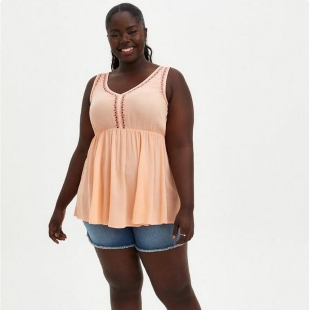 Torrid Babydoll Gauze Boho Embroidered Tank Top